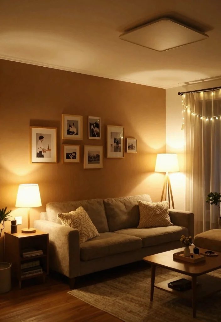 16 Brown Accent Wall Living Room Ideas: Warm, Cozy Depth 7 16 Brown Accent Wall Living Room Ideas: Warm, Cozy Depth - 6. Layered Lighting for Warmth 1