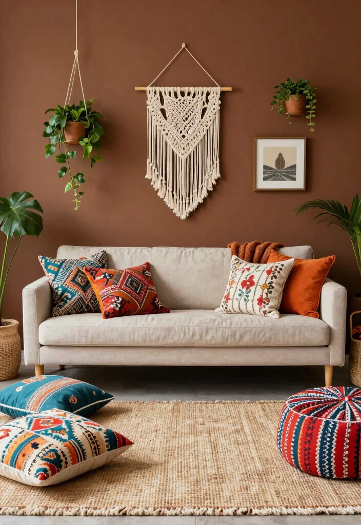 16 Brown Accent Wall Living Room Ideas: Warm, Cozy Depth 10 16 Brown Accent Wall Living Room Ideas: Warm, Cozy Depth - 9. Boho Bliss with Brown Accents 1