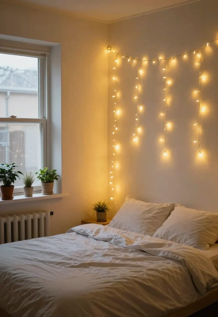 16 Empty Wall Ideas Bedroom: Simple Decor Solutions 5 16 Empty Wall Ideas Bedroom: Simple Decor Solutions - 4. String Lights for a Magical Touch 1