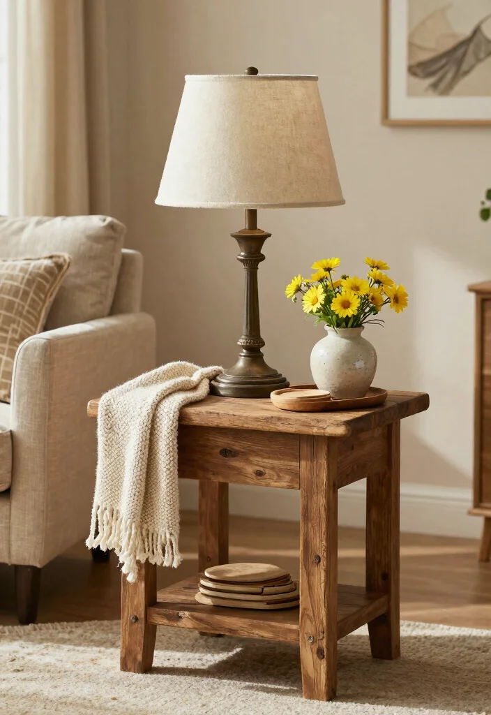 16 End Table Decor Living Room With Lamp Ideas: Warm Layered Look 2 16 End Table Decor Living Room With Lamp Ideas: Warm Layered Look - 1. Layered Textures with a Vintage Lamp 1