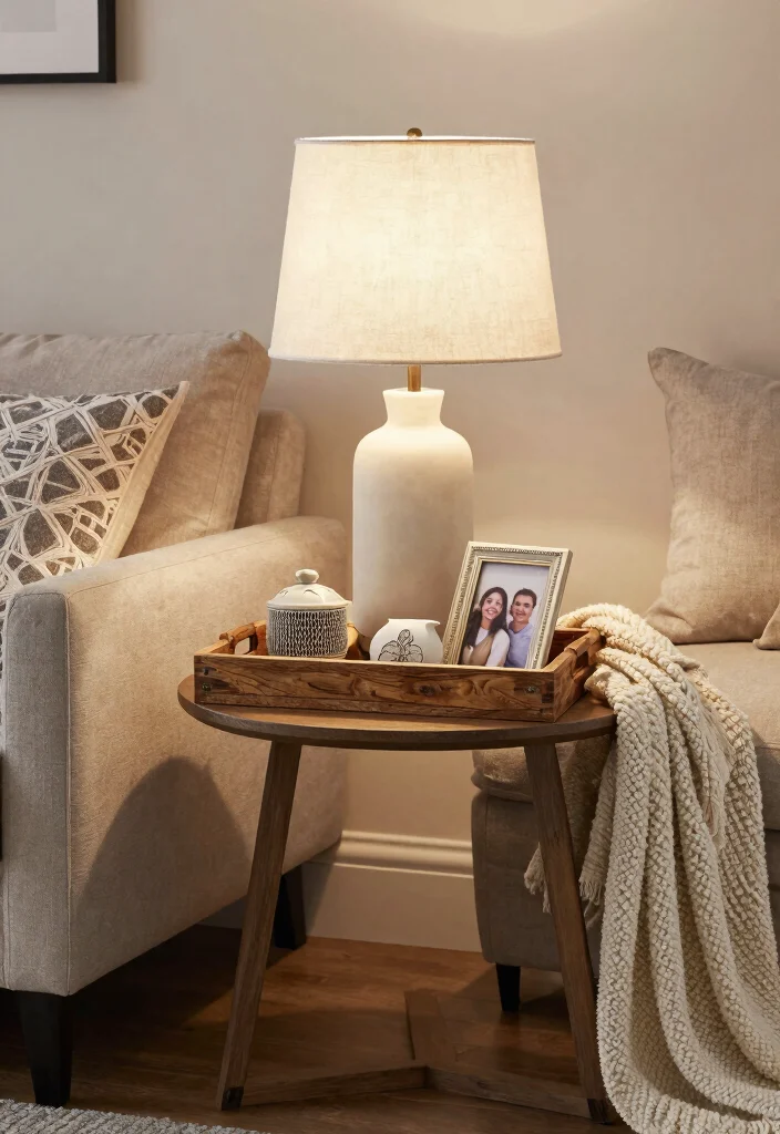 16 End Table Decor Living Room With Lamp Ideas: Warm Layered Look 5 16 End Table Decor Living Room With Lamp Ideas: Warm Layered Look - 4. Cozy Cottage Vibes with Layered Fabrics 1