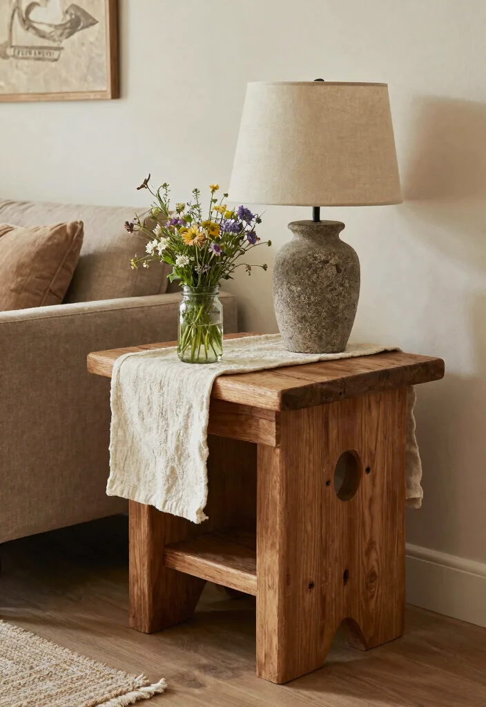16 End Table Decor Living Room With Lamp Ideas: Warm Layered Look 6 16 End Table Decor Living Room With Lamp Ideas: Warm Layered Look - 5. Rustic Wood and Stone Combination 1