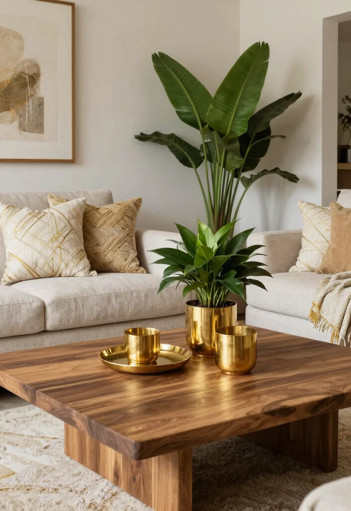 16 Gold Wall Decor Living Room Ideas for an Elegant Luxe Touch 17 16 Gold Wall Decor Living Room Ideas for an Elegant Luxe Touch - 16. Gold and Natural Elements 1