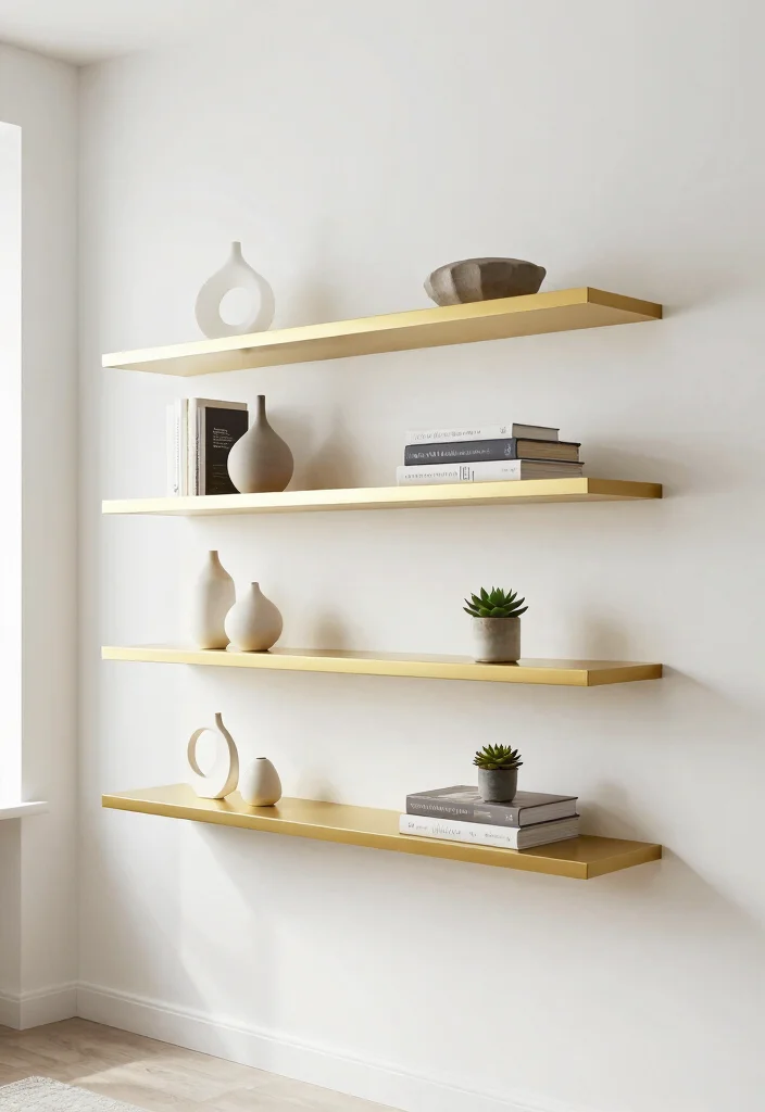 16 Gold Wall Decor Living Room Ideas for an Elegant Luxe Touch 4 16 Gold Wall Decor Living Room Ideas for an Elegant Luxe Touch - 3. Gold Accent Shelves 1