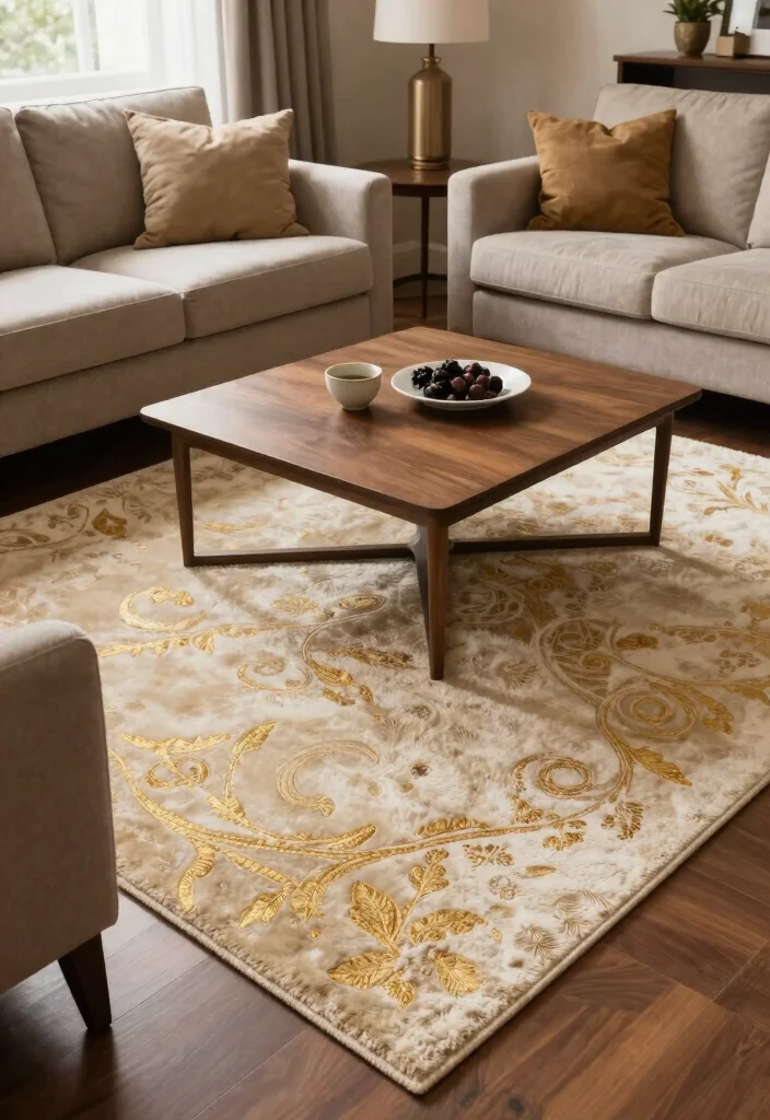 16 Gold Wall Decor Living Room Ideas for an Elegant Luxe Touch 10 16 Gold Wall Decor Living Room Ideas for an Elegant Luxe Touch - 9. Gold Accent Rugs 1