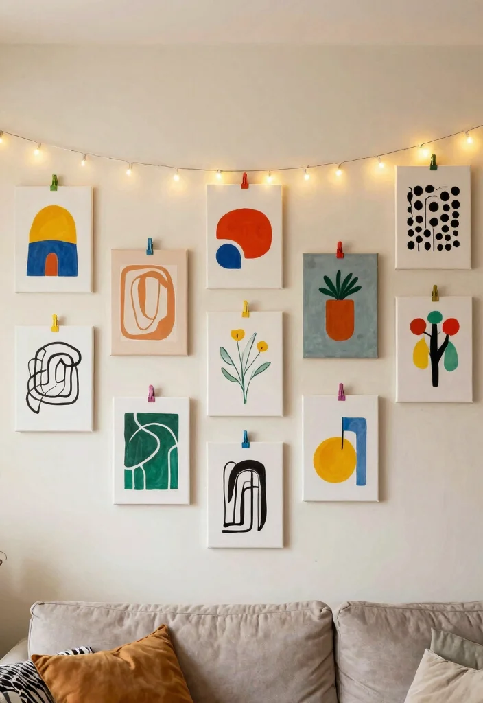 16 Living Room Art Wall Ideas for Gallery Inspired Displays 11 16 Living Room Art Wall Ideas for Gallery Inspired Displays - 10. Canvases on a Wire or String 1