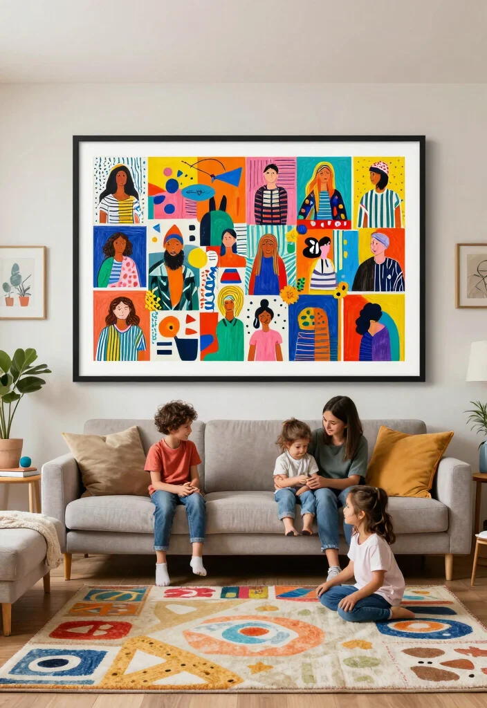 16 Living Room Art Wall Ideas for Gallery Inspired Displays 15 16 Living Room Art Wall Ideas for Gallery Inspired Displays - 14. Family Collaboration Art Piece 1
