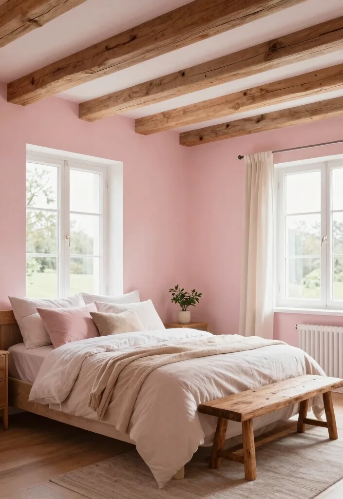16 Pink and Wood Bedroom Ideas for a Soft Warm Balance 2 16 Pink and Wood Bedroom Ideas for a Soft Warm Balance - 1. Pastel Pink Walls with Natural Wood Beams 1