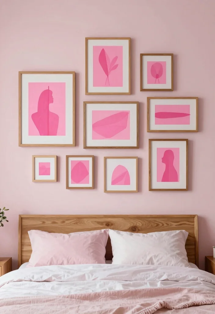 16 Pink and Wood Bedroom Ideas for a Soft Warm Balance 11 16 Pink and Wood Bedroom Ideas for a Soft Warm Balance - 10. Pink and Wood Artwork Display 1