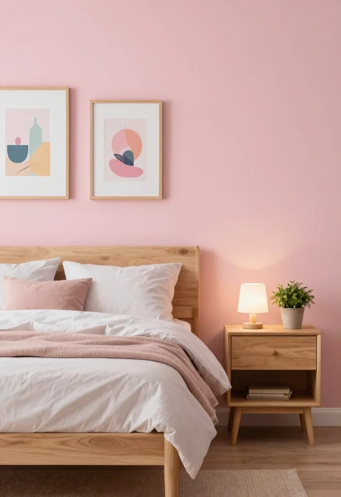 16 Pink and Wood Bedroom Ideas for a Soft Warm Balance 3 16 Pink and Wood Bedroom Ideas for a Soft Warm Balance - 2. Pink Accent Wall with Light Wood Furniture 1