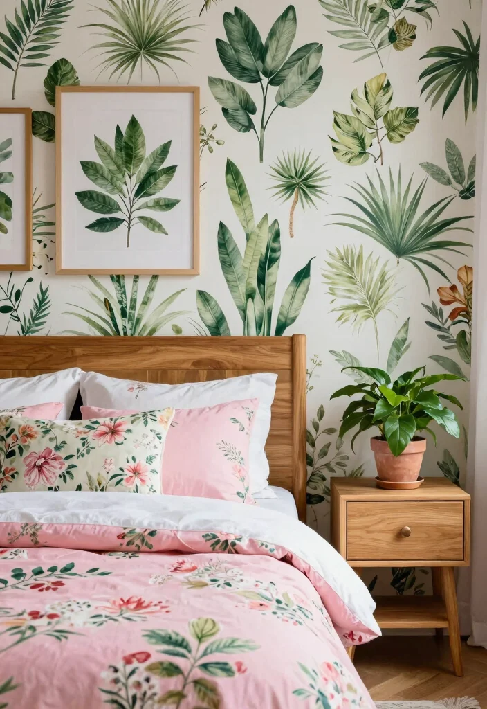 16 Pink and Wood Bedroom Ideas for a Soft Warm Balance 7 16 Pink and Wood Bedroom Ideas for a Soft Warm Balance - 6. Botanical Prints with Pink and Wood Accents 1