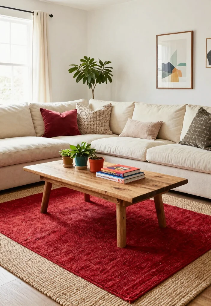 16 Red Rug Living Room Decor Ideas: Statement Color Pop 2 16 Red Rug Living Room Decor Ideas: Statement Color Pop - 1. Layered Textures with a Bold Red Rug 1