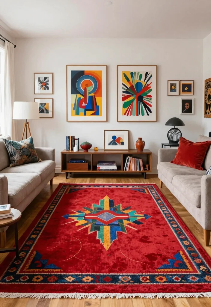 16 Red Rug Living Room Decor Ideas: Statement Color Pop 12 16 Red Rug Living Room Decor Ideas: Statement Color Pop - 11. Artistic Flair 1