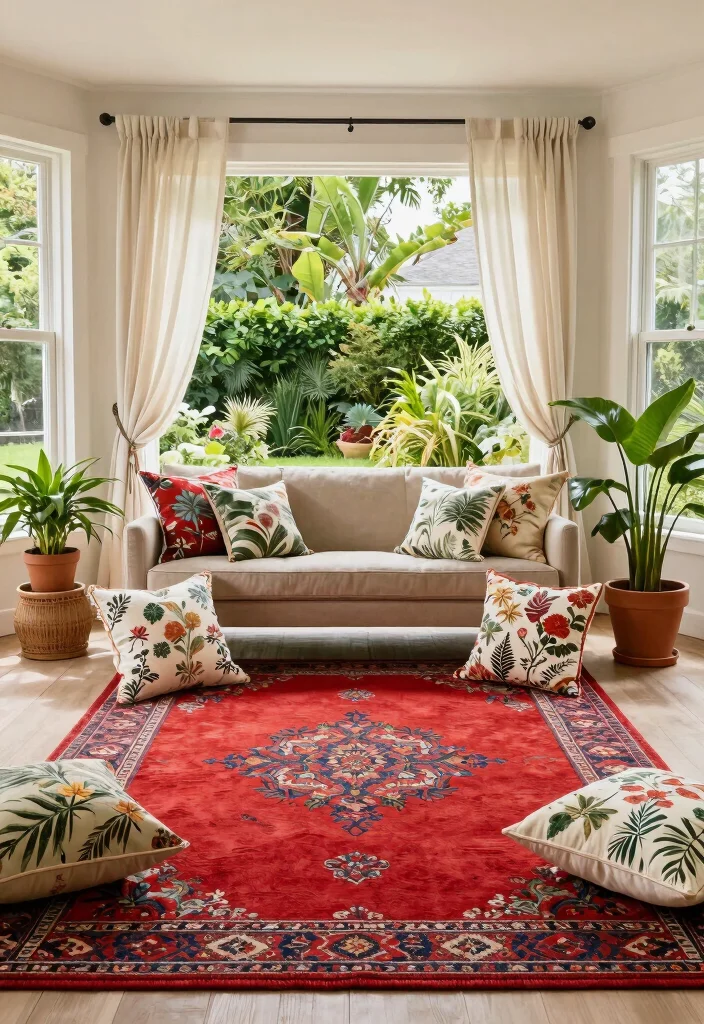 16 Red Rug Living Room Decor Ideas: Statement Color Pop 17 16 Red Rug Living Room Decor Ideas: Statement Color Pop - 16. Outdoor-Inspired 1