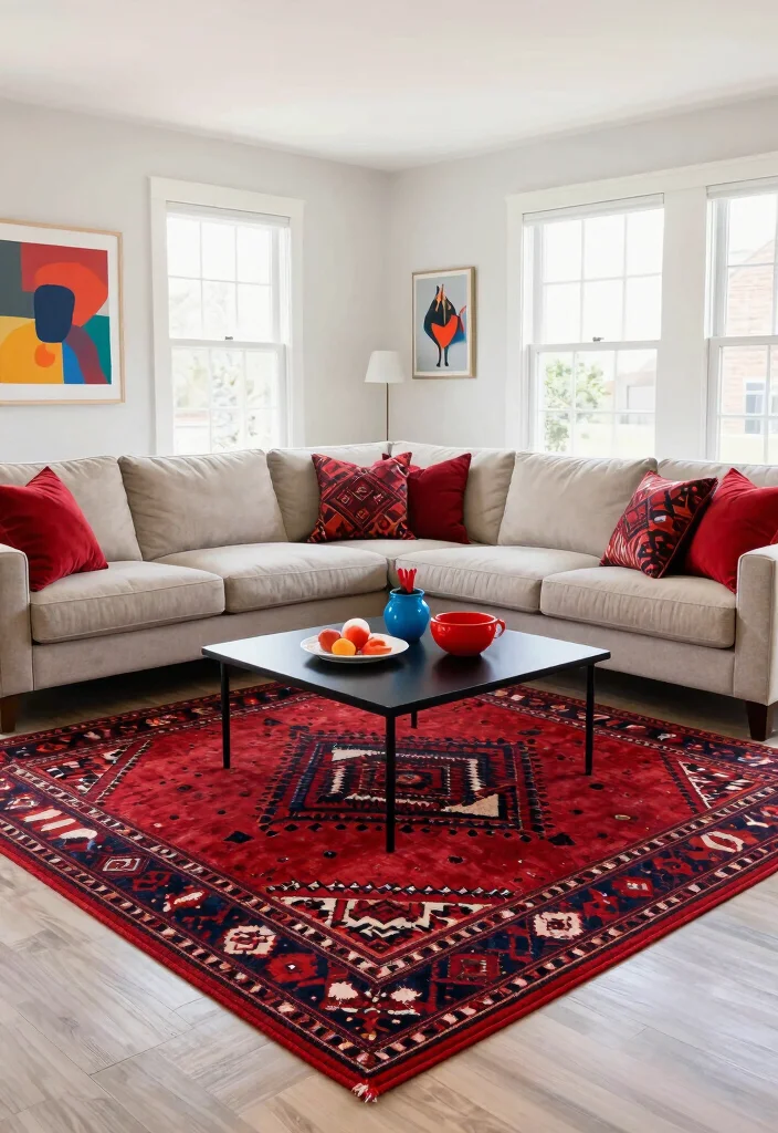 16 Red Rug Living Room Decor Ideas: Statement Color Pop 4 16 Red Rug Living Room Decor Ideas: Statement Color Pop - 3. Playful Patterns and Prints 1