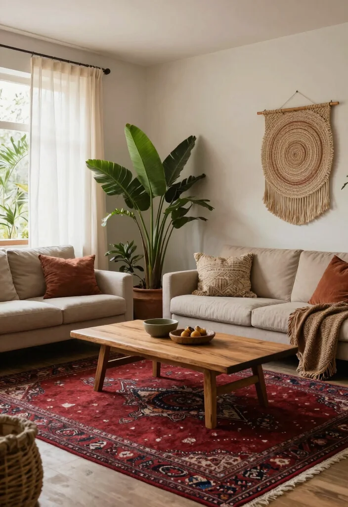 16 Red Rug Living Room Decor Ideas: Statement Color Pop 5 16 Red Rug Living Room Decor Ideas: Statement Color Pop - 4. Earthy Bohemian Vibes 1