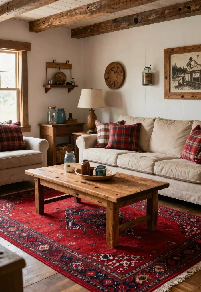 16 Red Rug Living Room Decor Ideas: Statement Color Pop 8 16 Red Rug Living Room Decor Ideas: Statement Color Pop - 7. Rustic Farmhouse Charm 1