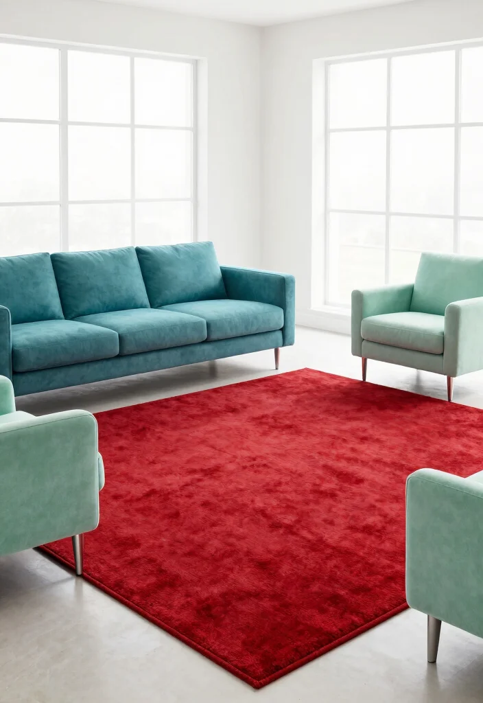 16 Red Rug Living Room Decor Ideas: Statement Color Pop 9 16 Red Rug Living Room Decor Ideas: Statement Color Pop - 8. Contrast with Cool Tones 1