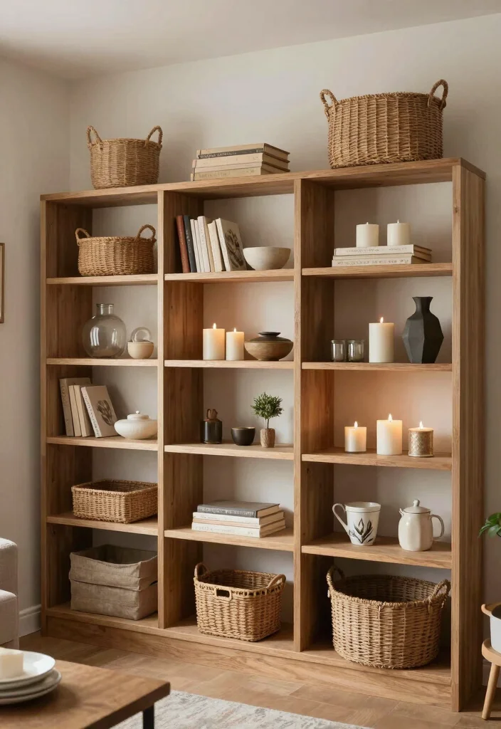 16 Wall Shelf Decor Living Room Ideas: Practical and Chic 12 16 Wall Shelf Decor Living Room Ideas: Practical and Chic - 11. Open Shelving with Baskets 1