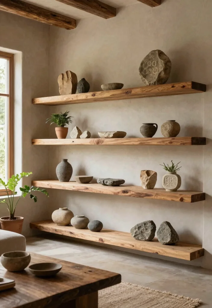 16 Wall Shelf Decor Living Room Ideas: Practical and Chic 13 16 Wall Shelf Decor Living Room Ideas: Practical and Chic - 12. Natural Wood and Stone Combos 1