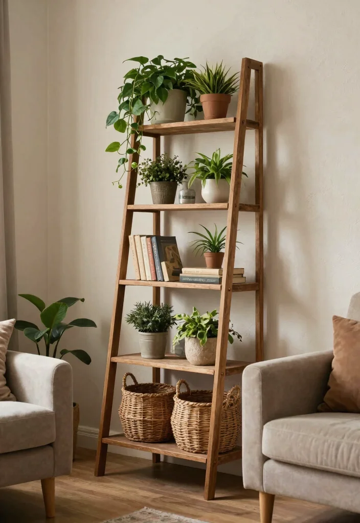 16 Wall Shelf Decor Living Room Ideas: Practical and Chic 4 16 Wall Shelf Decor Living Room Ideas: Practical and Chic - 3. Vintage Ladder Shelf 1