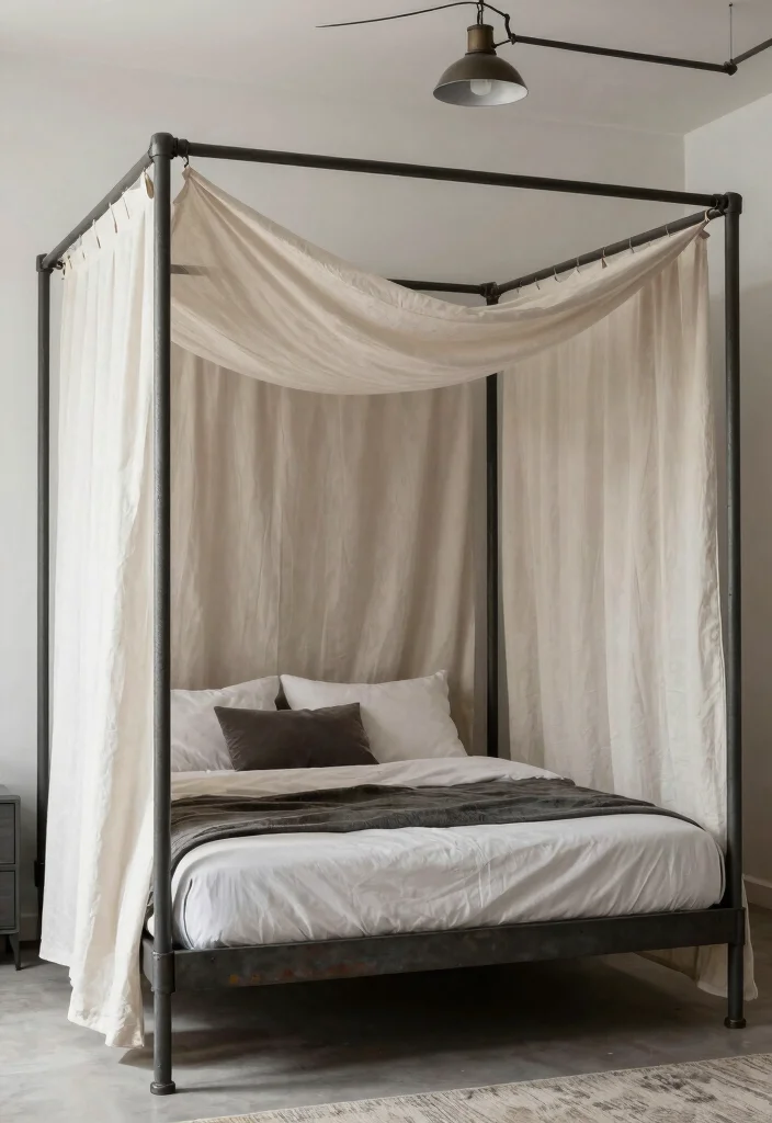 17 Bedroom Ideas Canopy Bed That Feel Dreamy and Elegant 17 17 Bedroom Ideas Canopy Bed That Feel Dreamy and Elegant - 16. Soft Industrial 1