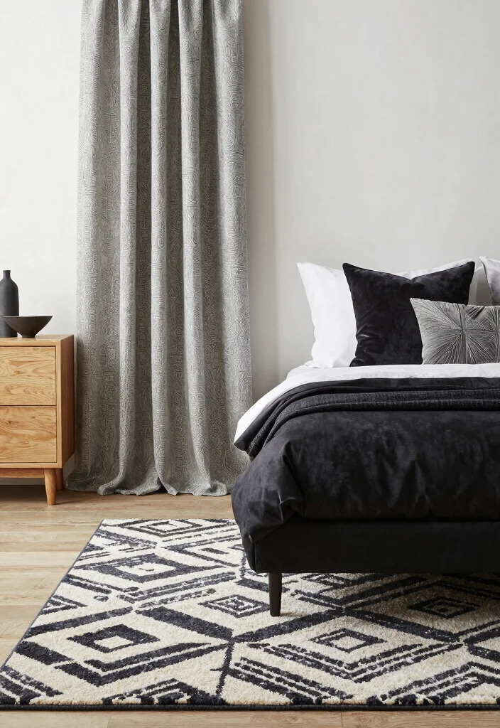 17 Black and Oak Bedroom Ideas: Modern Natural Elegance - 13. Blend of Patterns and Fabrics 1