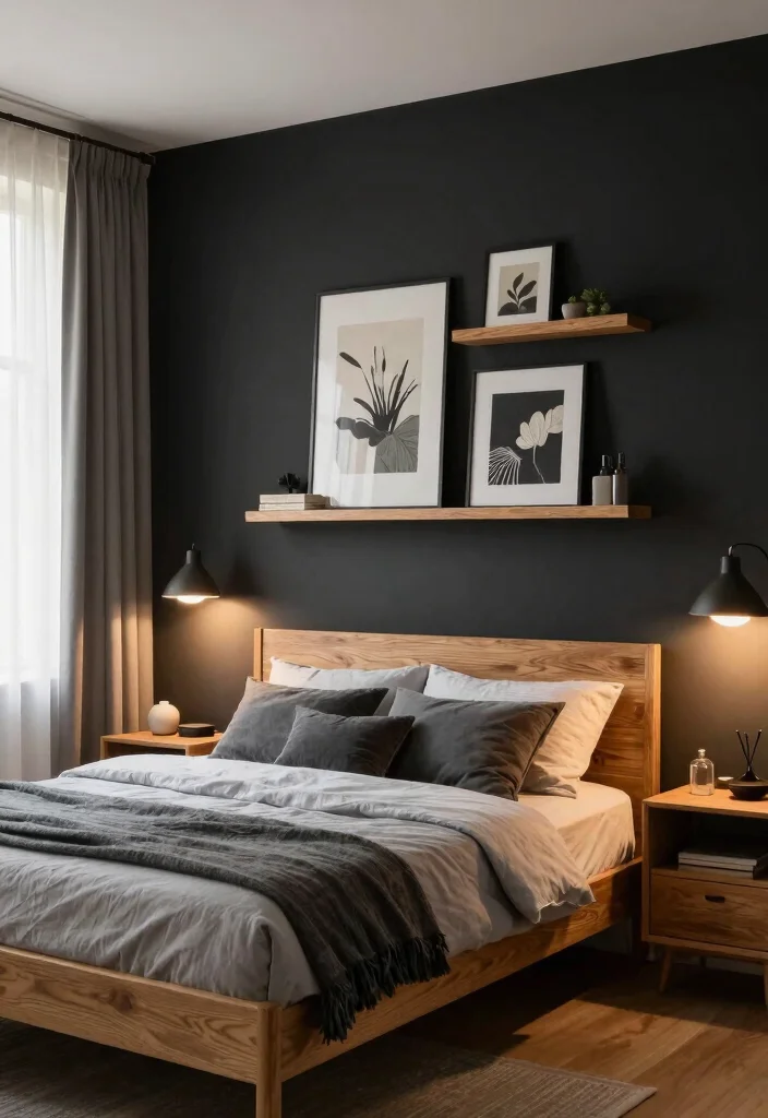 17 Black and Oak Bedroom Ideas: Modern Natural Elegance - 2. Statement Black Accent Walls 1