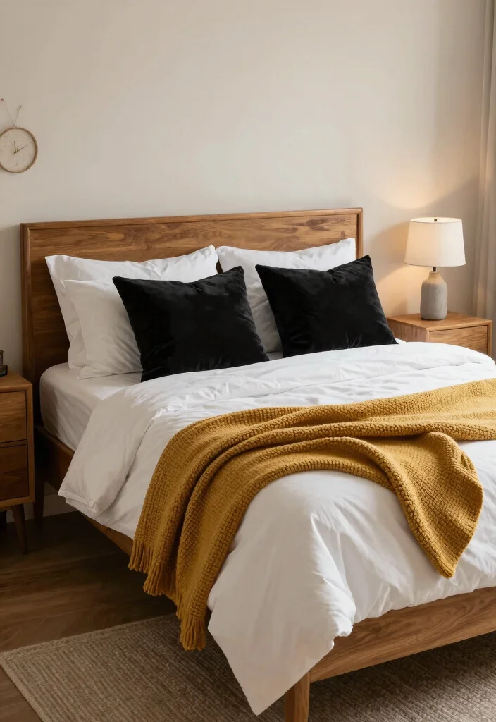 17 Black and Oak Bedroom Ideas: Modern Natural Elegance - 3. Layered Textures with Bedding 1