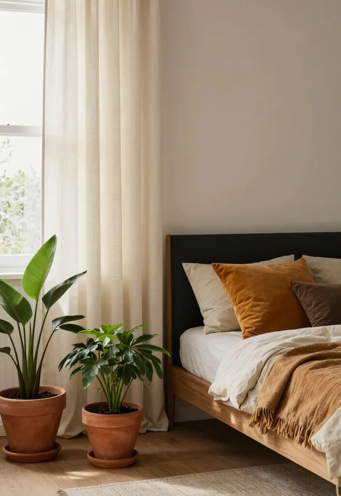 17 Black and Oak Bedroom Ideas: Modern Natural Elegance - 9. Earthy Tone Accents 1