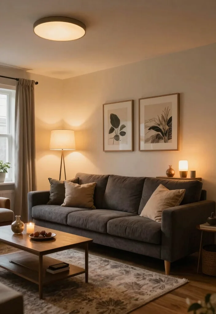 17 Dark Gray Sofa Living Room Ideas Modern and Versatile 13 17 Dark Gray Sofa Living Room Ideas Modern and Versatile - 12. Layered Lighting Effects 1