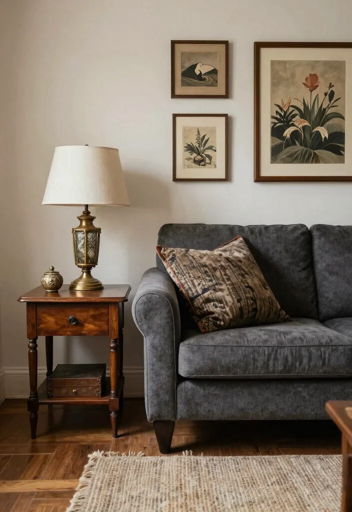 17 Dark Gray Sofa Living Room Ideas Modern and Versatile 17 17 Dark Gray Sofa Living Room Ideas Modern and Versatile - 16. Vintage Accents with a Modern Twist 1