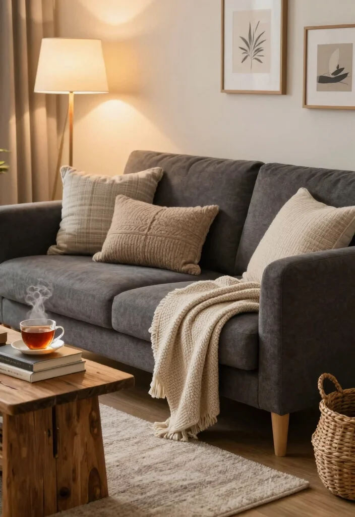 17 Dark Gray Sofa Living Room Ideas Modern and Versatile 3 17 Dark Gray Sofa Living Room Ideas Modern and Versatile - 2. Cozy Layered Textures 1