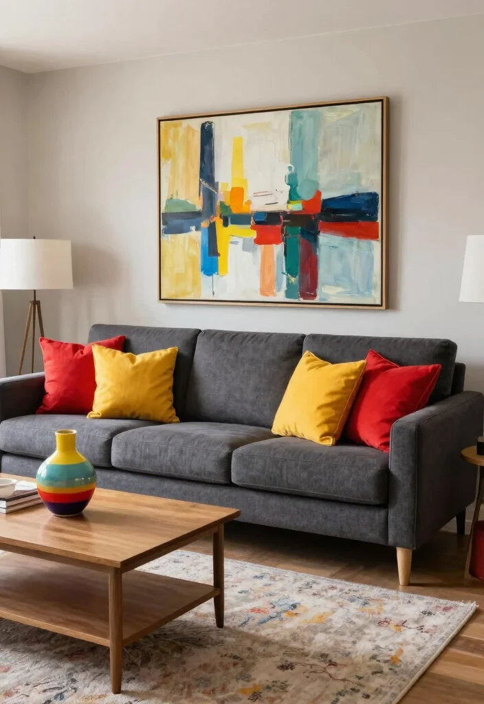17 Dark Gray Sofa Living Room Ideas Modern and Versatile 4 17 Dark Gray Sofa Living Room Ideas Modern and Versatile - 3. Bold Contrast with Bright Accents 1