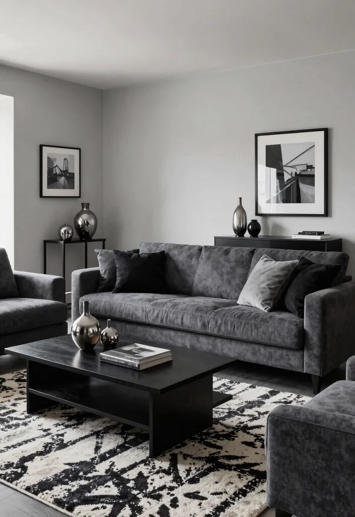 17 Dark Gray Sofa Living Room Ideas Modern and Versatile 5 17 Dark Gray Sofa Living Room Ideas Modern and Versatile - 4. Elegant Monochrome Scheme 1