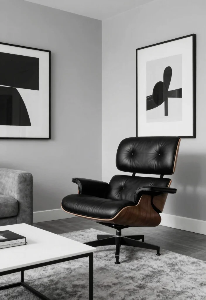 17 Eames Lounge Chair Living Room Ideas: Iconic Modern Comfort 10 17 Eames Lounge Chair Living Room Ideas: Iconic Modern Comfort - 9. Monochrome Magic 1