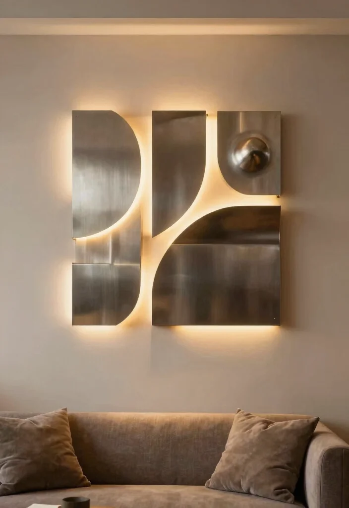 17 Metal Wall Decor Living Room Ideas: Modern Industrial Edge 15 17 Metal Wall Decor Living Room Ideas: Modern Industrial Edge - 14. Metal Art with Lighting 1