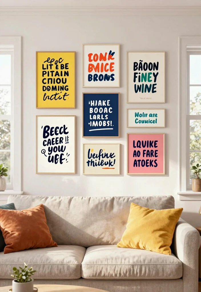 18 Blank Wall Ideas for a Stunning Living Room 12 18 Blank Wall Ideas for a Stunning Living Room - 11. Fun Typography Art 1