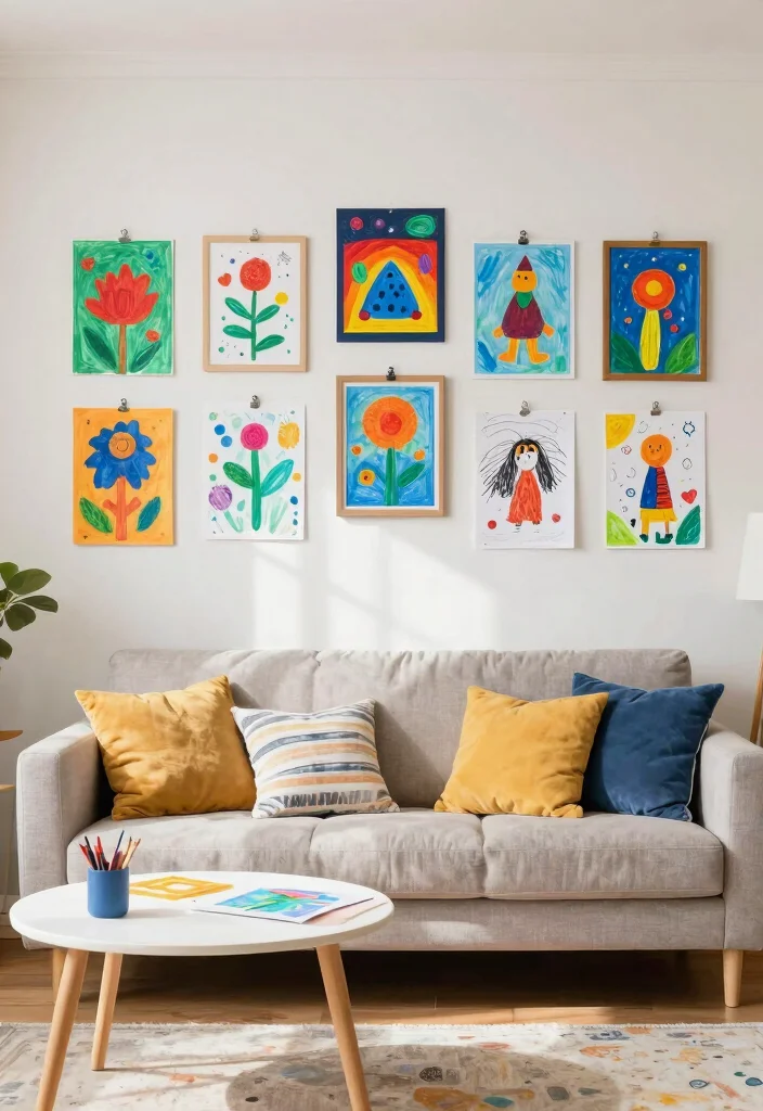 18 Blank Wall Ideas for a Stunning Living Room 16 18 Blank Wall Ideas for a Stunning Living Room - 15. Customized Art Projects for Kids 1