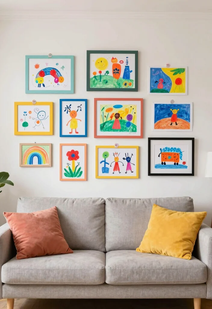 18 Blank Wall Ideas for a Stunning Living Room 19 18 Blank Wall Ideas for a Stunning Living Room - 18. Whimsical Kids' Art Gallery 1