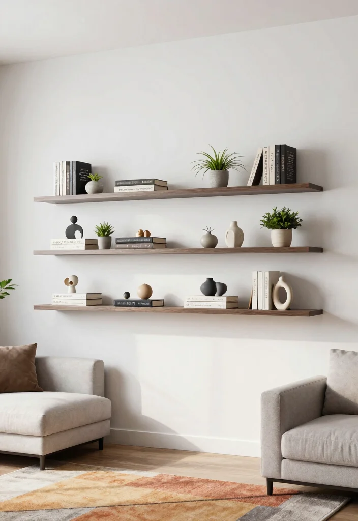 18 Blank Wall Ideas for a Stunning Living Room 4 18 Blank Wall Ideas for a Stunning Living Room - 3. Floating Shelves with Decor Items 1