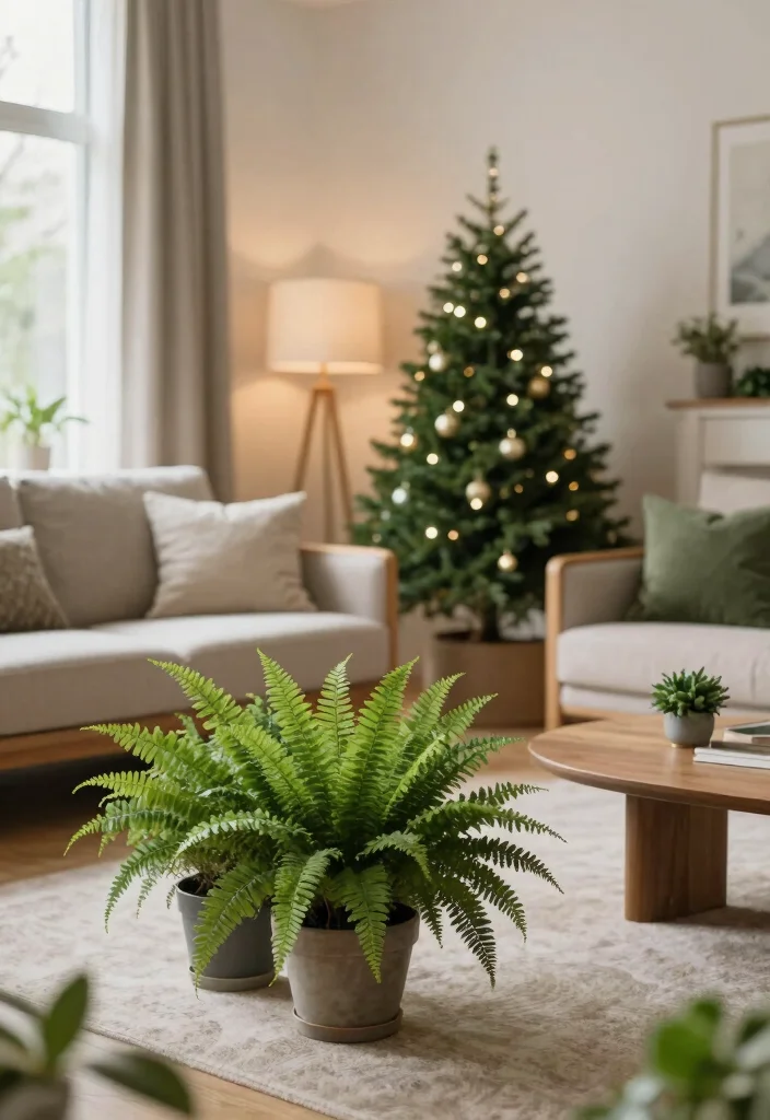 18 Living Room Xmas Decor Ideas Cozy Festive Magic 13 18 Living Room Xmas Decor Ideas Cozy Festive Magic - 12. Fern and Greenery Accents 1