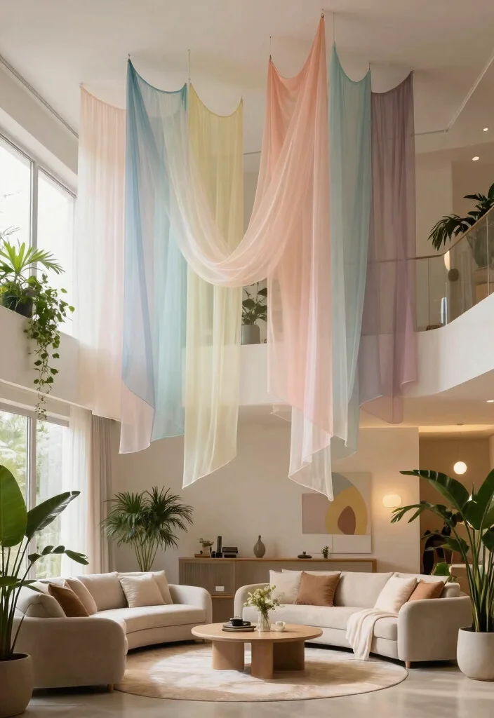 18 Two Story Living Room Wall Decor Ideas for Grand Scale Impact 17 18 Two Story Living Room Wall Decor Ideas for Grand Scale Impact - 16. Ethereal Fabric Hangings 1