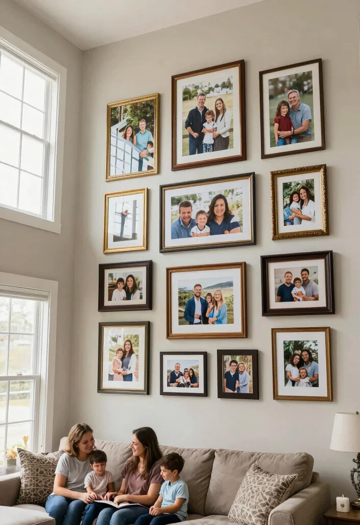 18 Two Story Living Room Wall Decor Ideas for Grand Scale Impact 19 18 Two Story Living Room Wall Decor Ideas for Grand Scale Impact - 18. Personal Touch with Family Photos 1