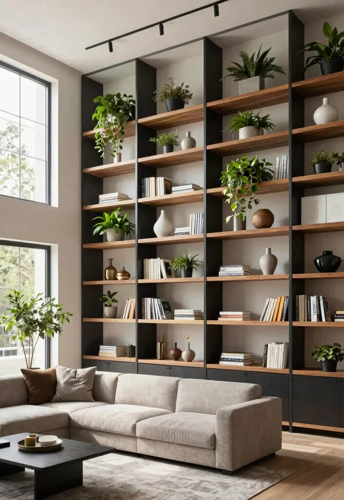 18 Two Story Living Room Wall Decor Ideas for Grand Scale Impact 3 18 Two Story Living Room Wall Decor Ideas for Grand Scale Impact - 2. Statement Shelving Units 1