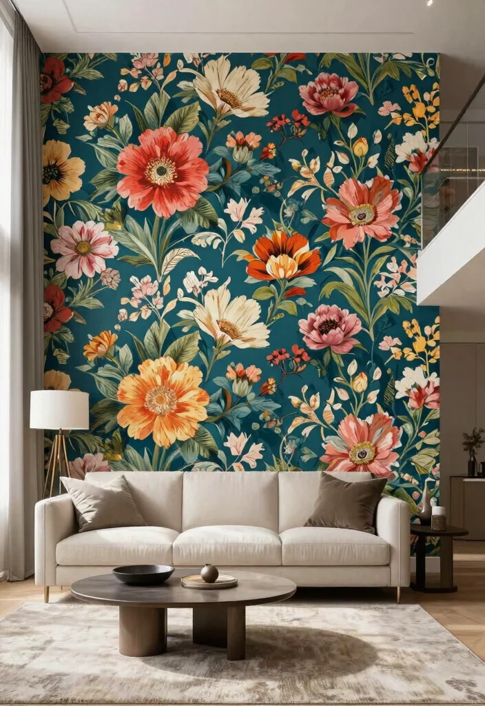 18 Two Story Living Room Wall Decor Ideas for Grand Scale Impact 9 18 Two Story Living Room Wall Decor Ideas for Grand Scale Impact - 8. Bold Wallpaper Accents 1