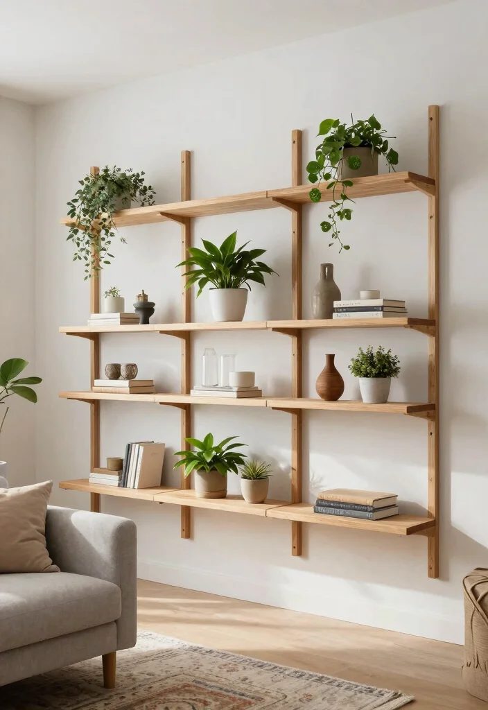 18 Wall Ideas for Living Room That Transform the Space 8 18 Wall Ideas for Living Room That Transform the Space - 7. Minimalist Shelving with Natural Woods 1