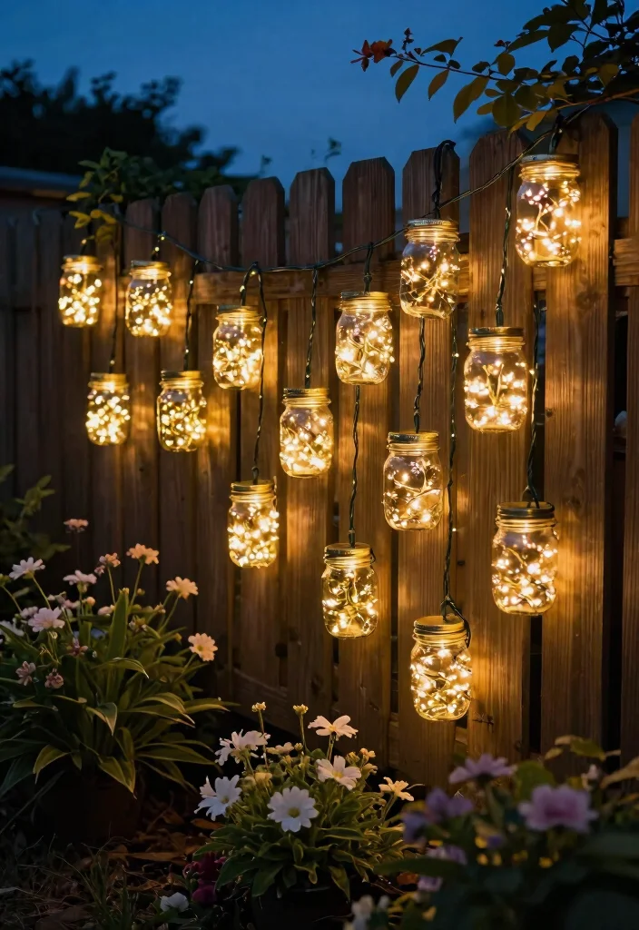 12 Fence Lighting Ideas That Install Without Drilling or Wiring 8 12 Fence Lighting Ideas That Install Without Drilling or Wiring - 7. String Lights with Mason Jars 1