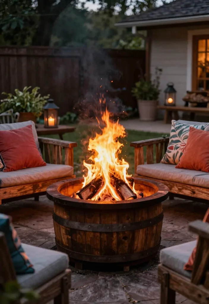 12 Rustic Backyard Fire Pit Ideas That Look High-End on a Budget 13 12 Rustic Backyard Fire Pit Ideas That Look High-End on a Budget - 12. Wooden Barrel Fire Pit 1