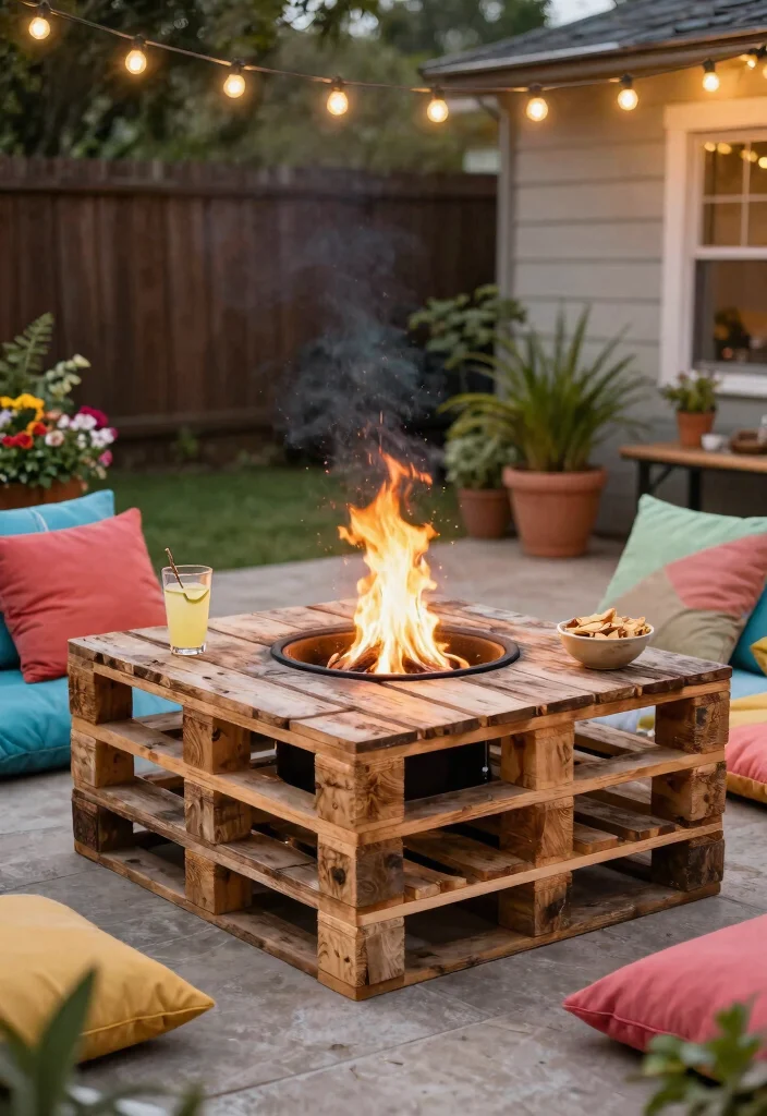 12 Rustic Backyard Fire Pit Ideas That Look High-End on a Budget 3 12 Rustic Backyard Fire Pit Ideas That Look High-End on a Budget - 2. Upcycled Pallet Fire Pit Table 1